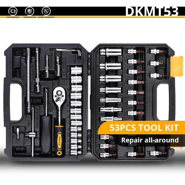 DEKO Hand Tool Set General Household Repair Hand Tool Kit with Plastic Toolbox Storage Case Socket Wrench Screwdriver Knife