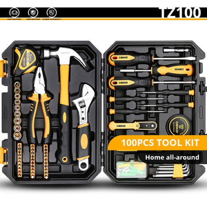 DEKO Hand Tool Set General Household Repair Hand Tool Kit with Plastic Toolbox Storage Case Socket Wrench Screwdriver Knife