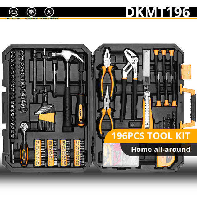 DEKO Hand Tool Set General Household Repair Hand Tool Kit with Plastic Toolbox Storage Case Socket Wrench Screwdriver Knife