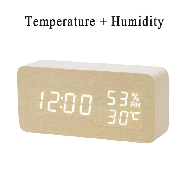 LED Wooden Alarm Clock Watch Table Voice Control Digital Wood Despertador Electronic Desktop USB/AAA Powered Clocks Table Decor