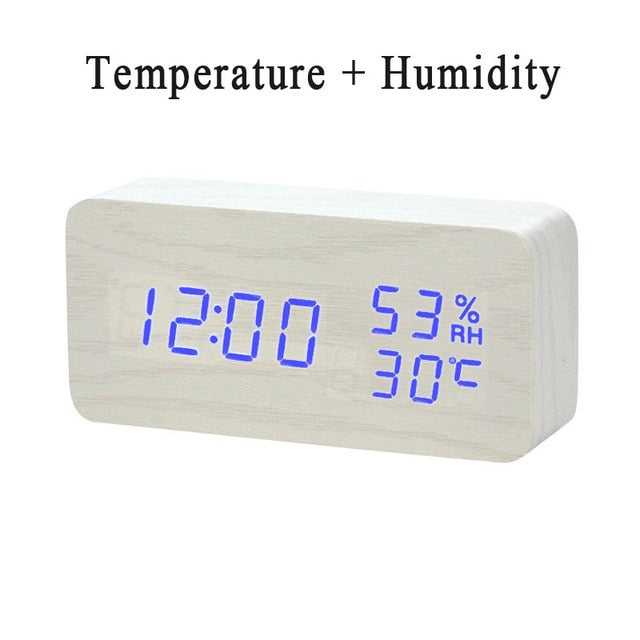 LED Wooden Alarm Clock Watch Table Voice Control Digital Wood Despertador Electronic Desktop USB/AAA Powered Clocks Table Decor